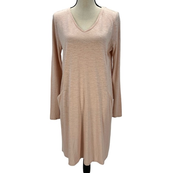 Eileen Fisher Long Sleeve V Neck Front Pocket Shirt Dress - Powder Pink - Small
